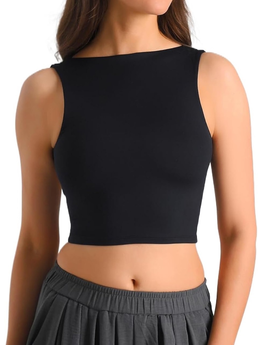 Hoyayo Amazon Boat Neck Open Back Crop Top Sleeveless Double-Layer Tank CropTop